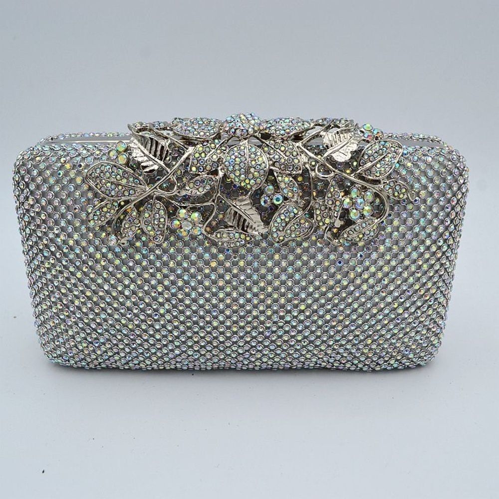 Rhinestone Crystal Clutch Evening Bag with Flower Clasp